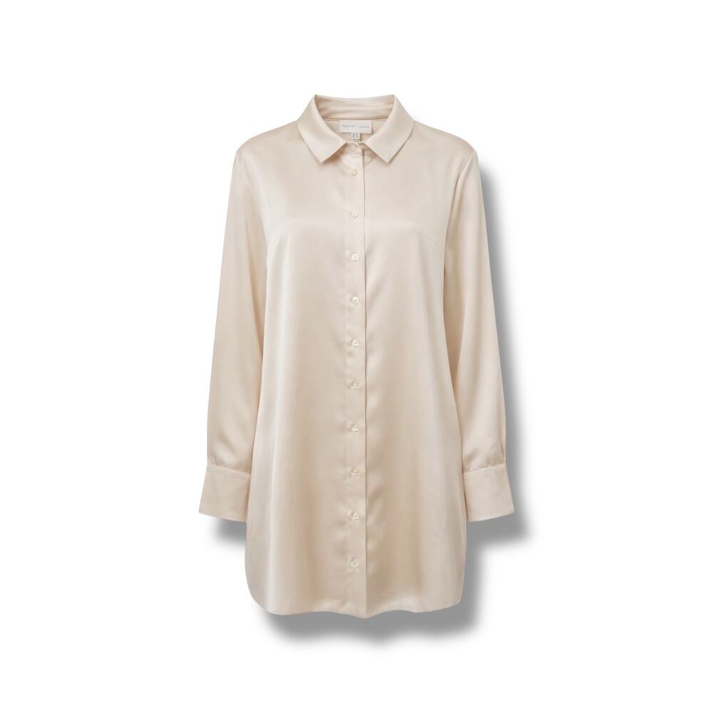 Pretty Lavish Beige Satin Shirt Dress - Size 12